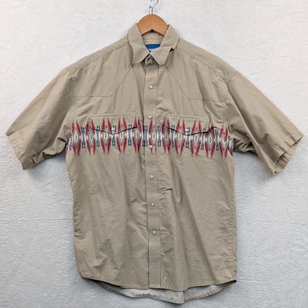 VTG Wrangler Shirt Men's XL Tan Aztec Button Down Western Pearl Snap Cowboy 90s - Picture 1 of 13